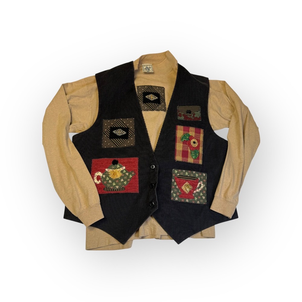 Vintage Alore Applique‎ Patchwork Tea Vest Top Beige Long Sleeve Shirt Set Sz M